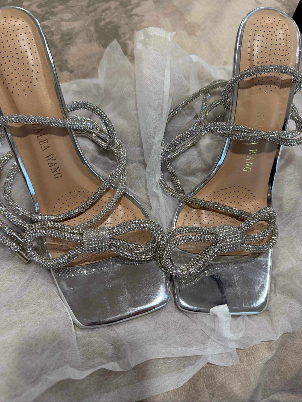 Azalea Wang Silver Rhinestone Strappy Heeled Sandals